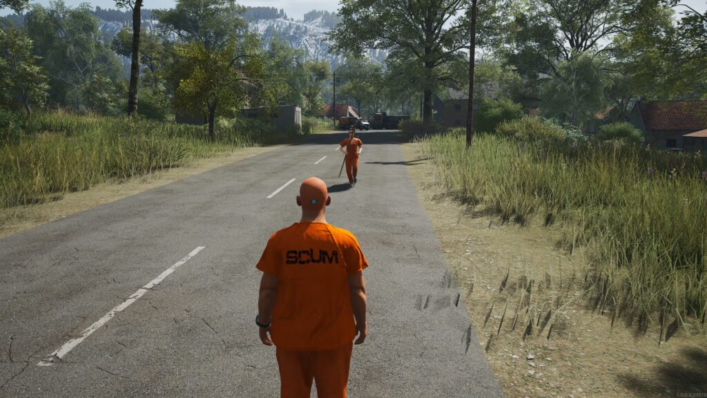 Scum NPC mit Speer in C3. Im Hintergrund querstehende LKWs